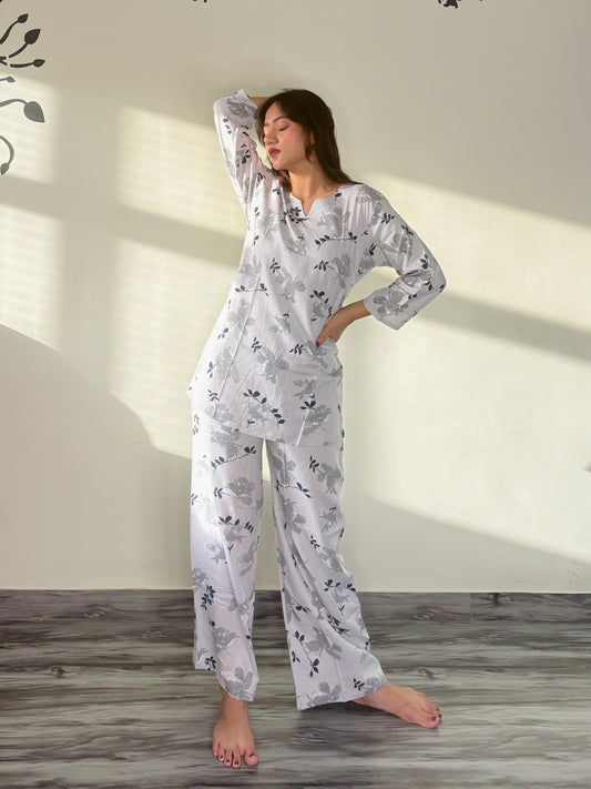 MOONLIT WHITE BLOOM RAYON CO-ORD SET