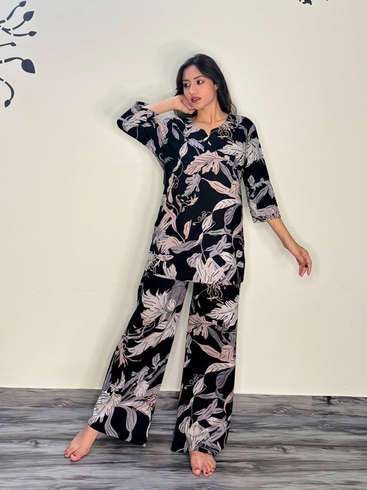 BLACK ETHEREAL LEAVES RAYON CO-ORD SET