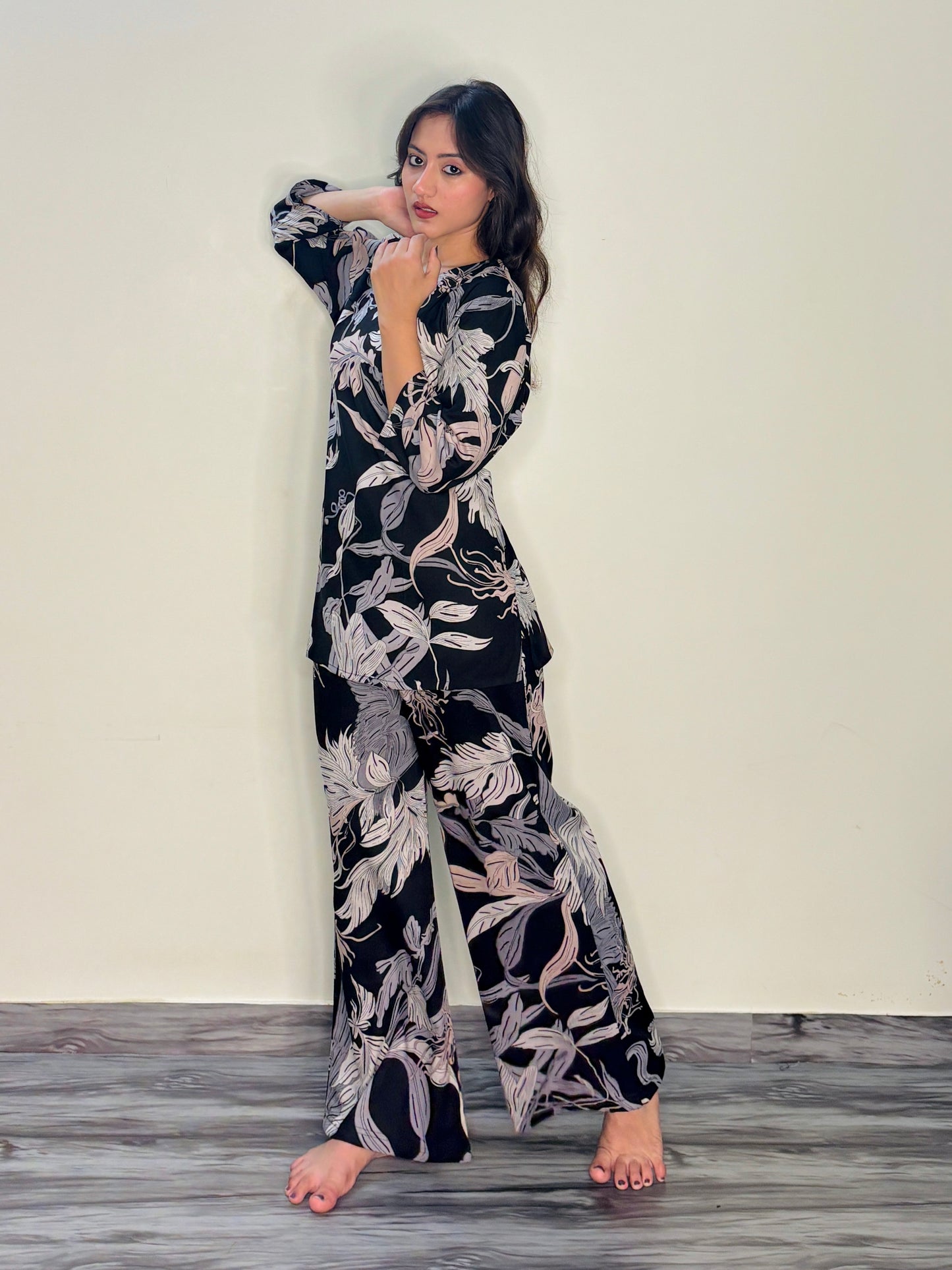 BLACK ETHEREAL LEAVES RAYON CO-ORD SET