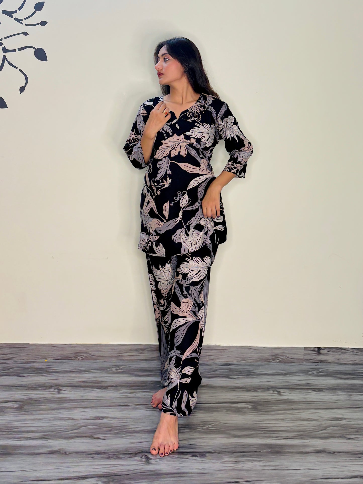 BLACK ETHEREAL LEAVES RAYON CO-ORD SET