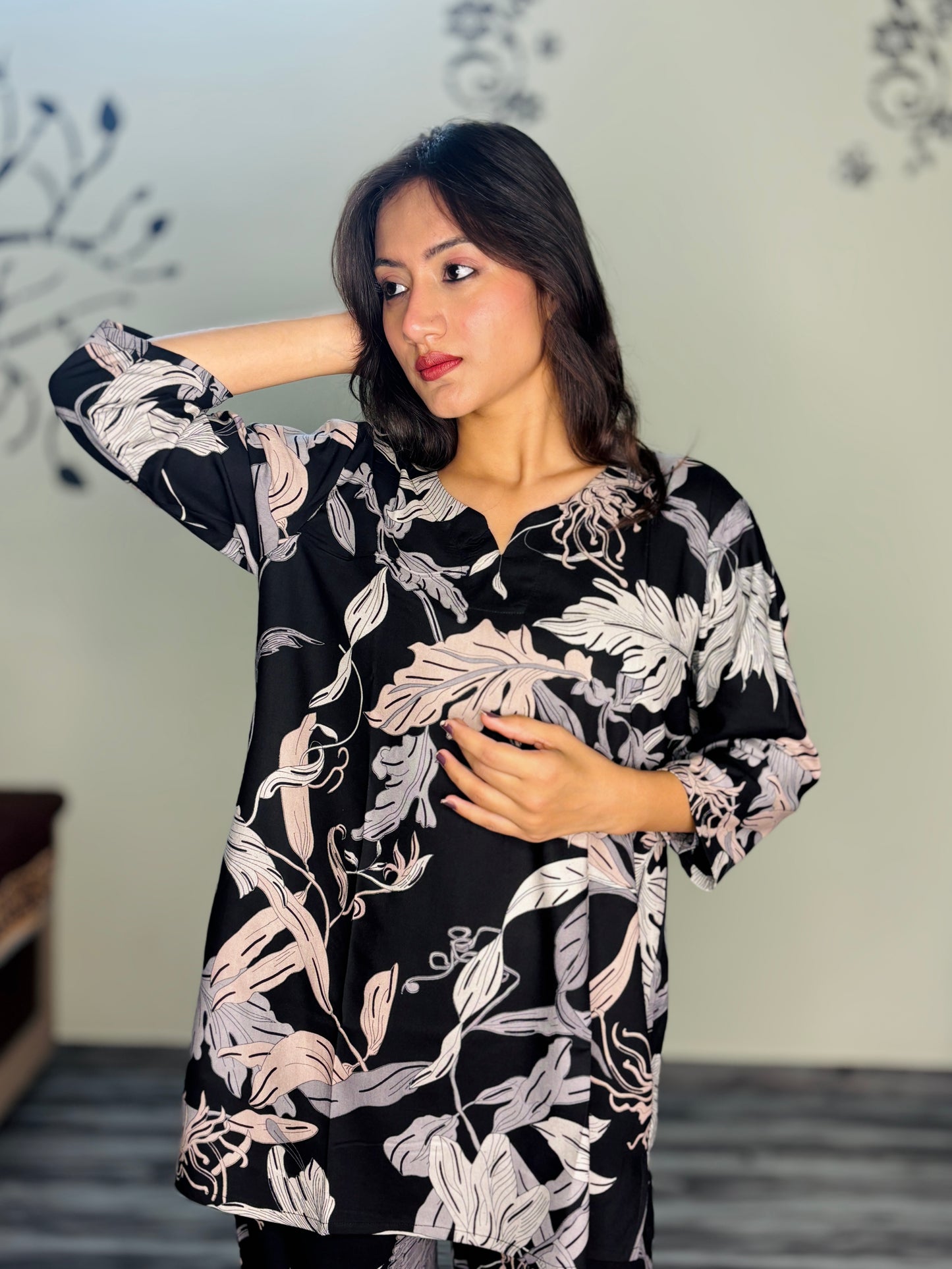 BLACK ETHEREAL LEAVES RAYON CO-ORD SET