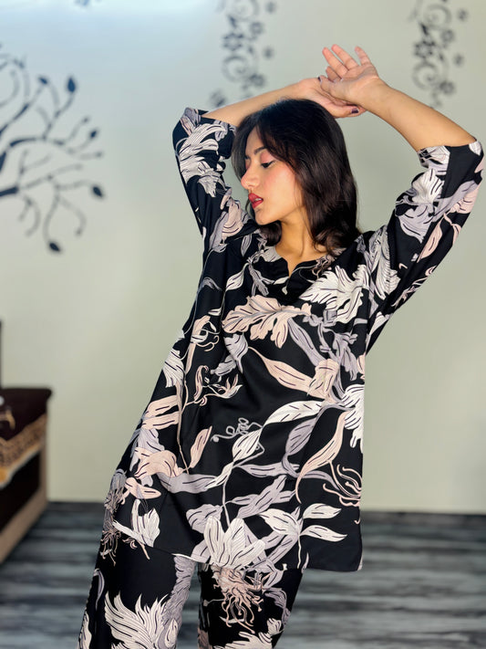 BLACK ETHEREAL LEAVES RAYON CO-ORD SET