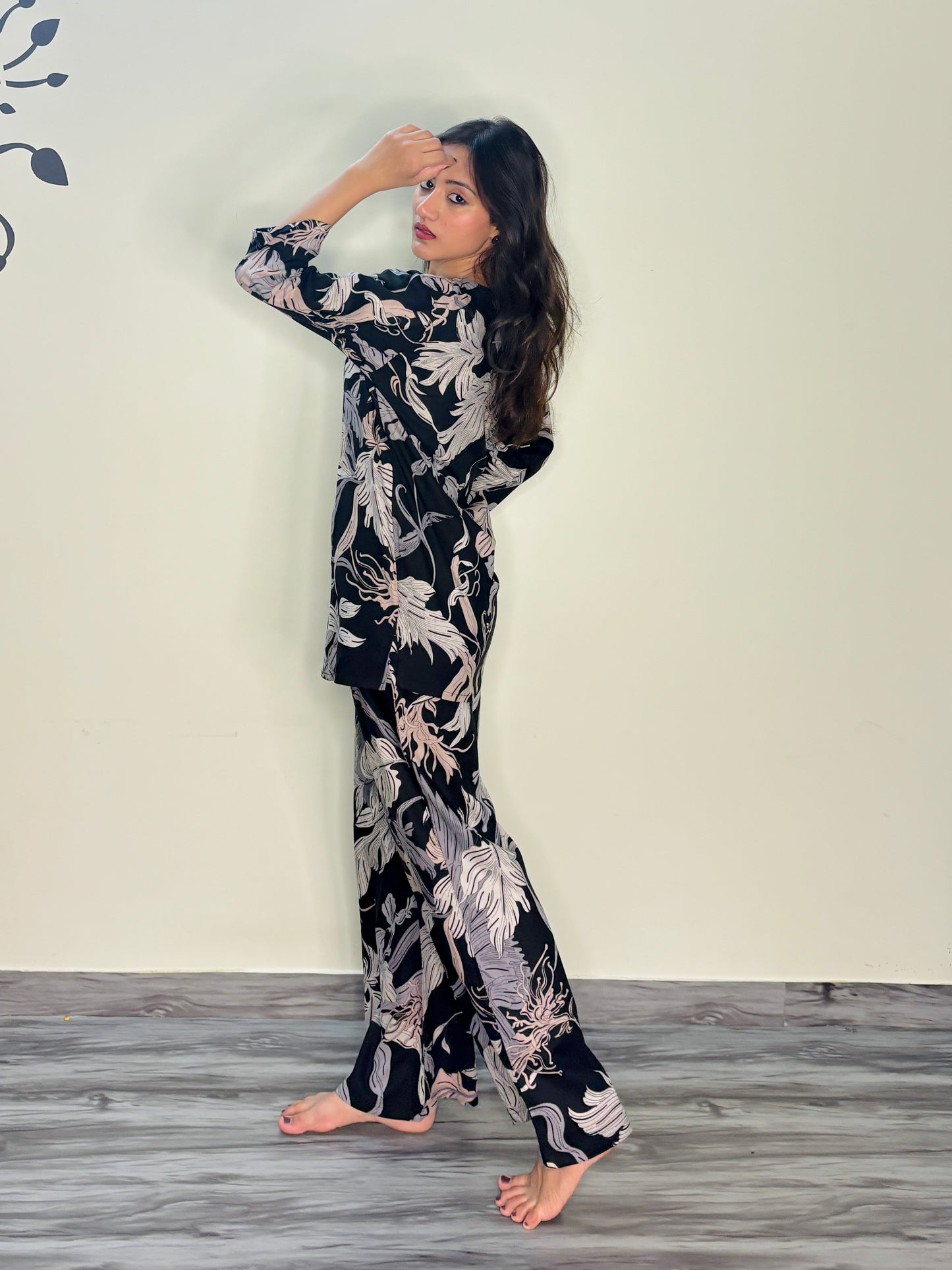 BLACK ETHEREAL LEAVES RAYON CO-ORD SET