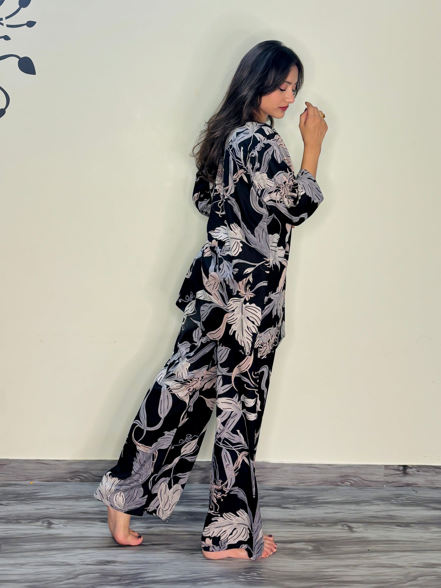 BLACK ETHEREAL LEAVES RAYON CO-ORD SET