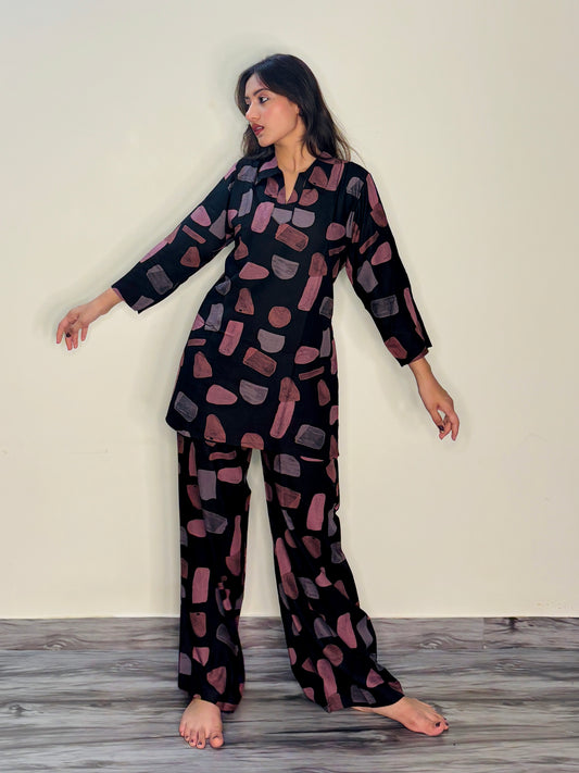 BLACK SHINEY STANDSTONE RAYON CO-ORD SET