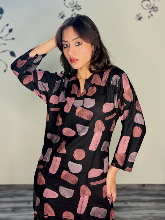 BLACK SHINEY STANDSTONE RAYON CO-ORD SET