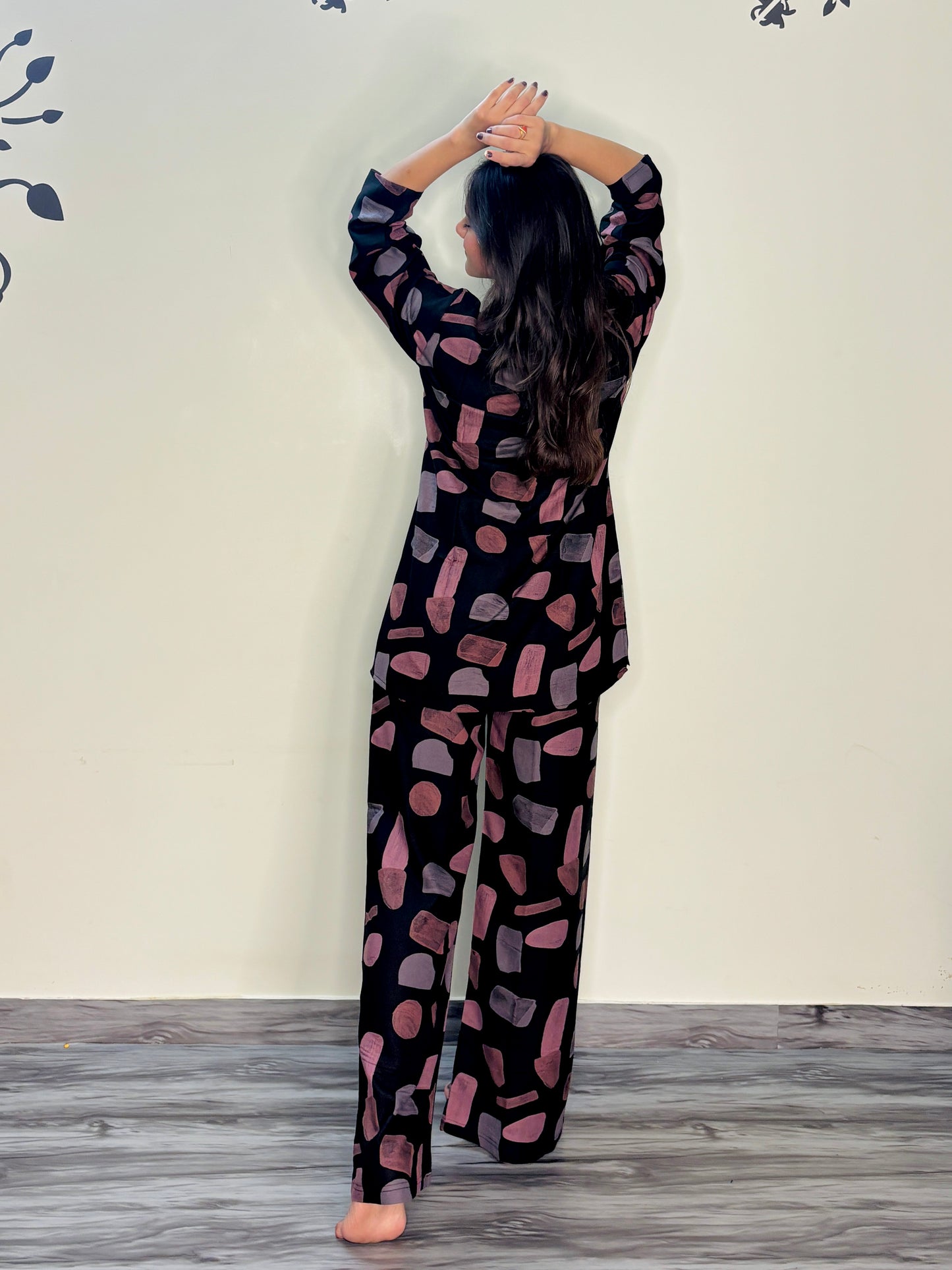 BLACK SHINEY STANDSTONE RAYON CO-ORD SET