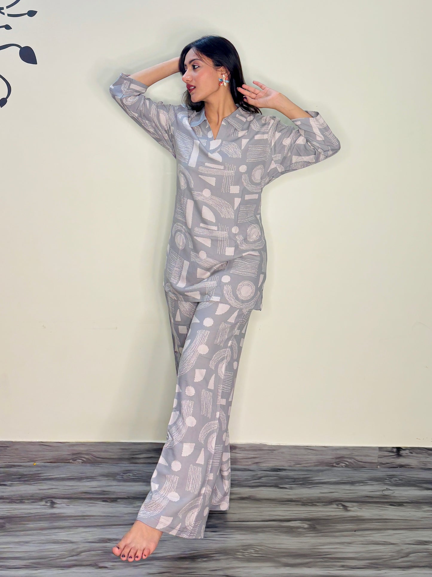 DOVE GREY MODERN ART RAYON CO-ORD SET
