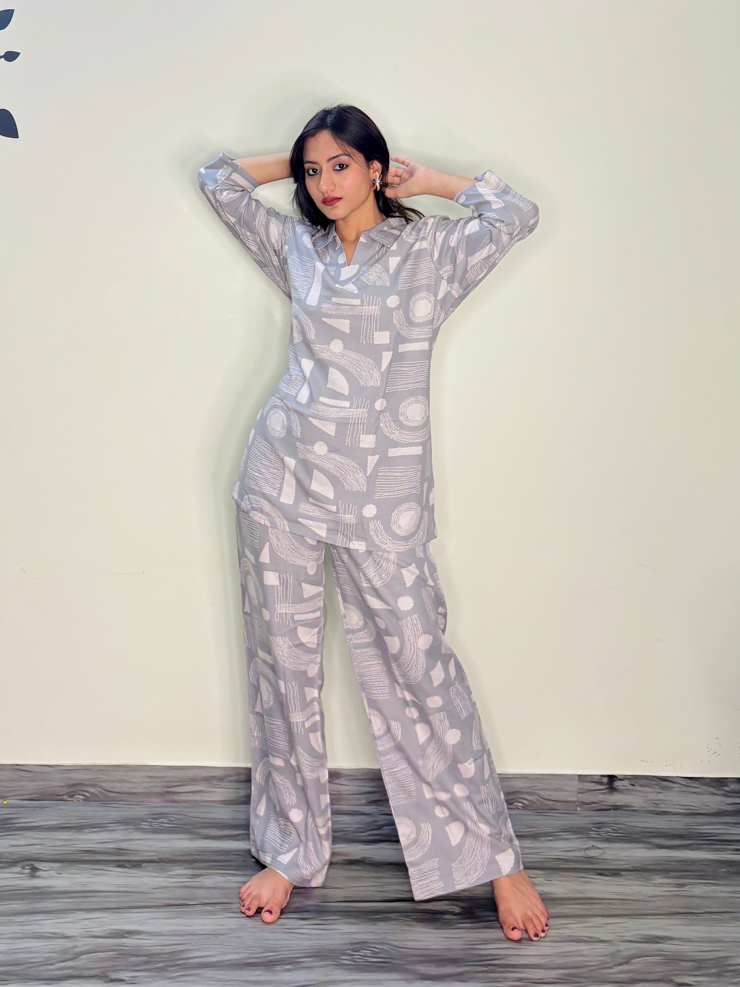 DOVE GREY MODERN ART RAYON CO-ORD SET