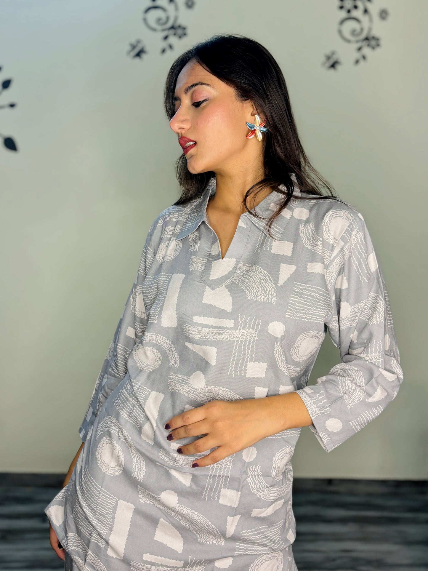 DOVE GREY MODERN ART RAYON CO-ORD SET