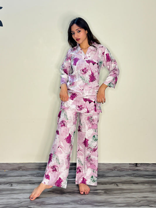 BABY PINK COLOURFUL PAINT RAYON CO-ORD SET
