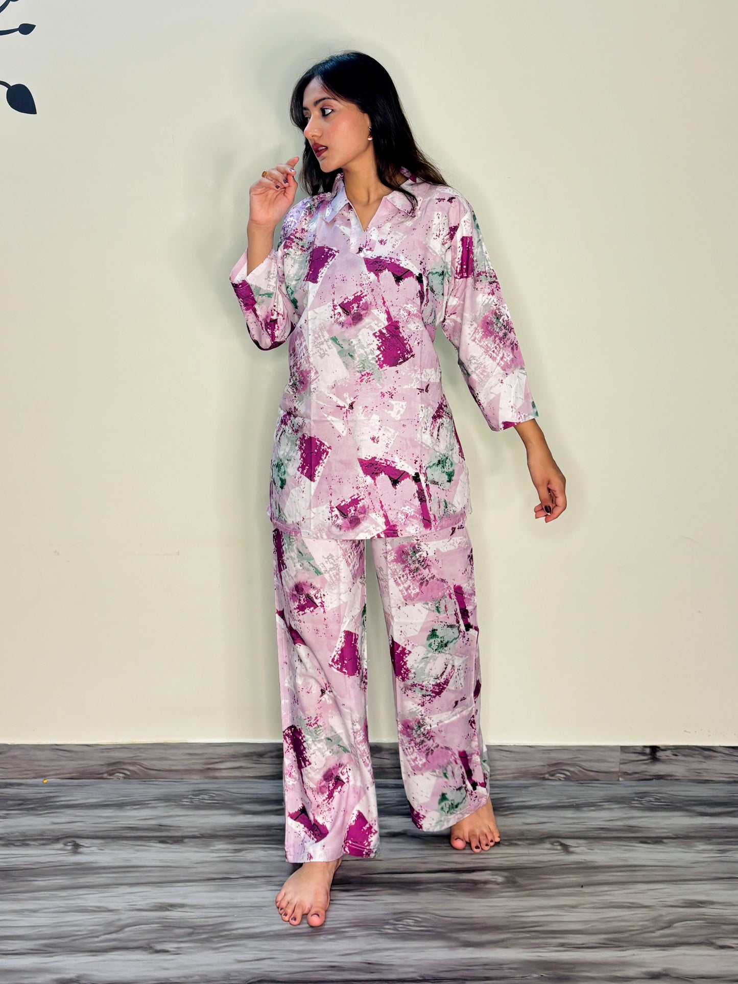 BABY PINK COLOURFUL PAINT RAYON CO-ORD SET