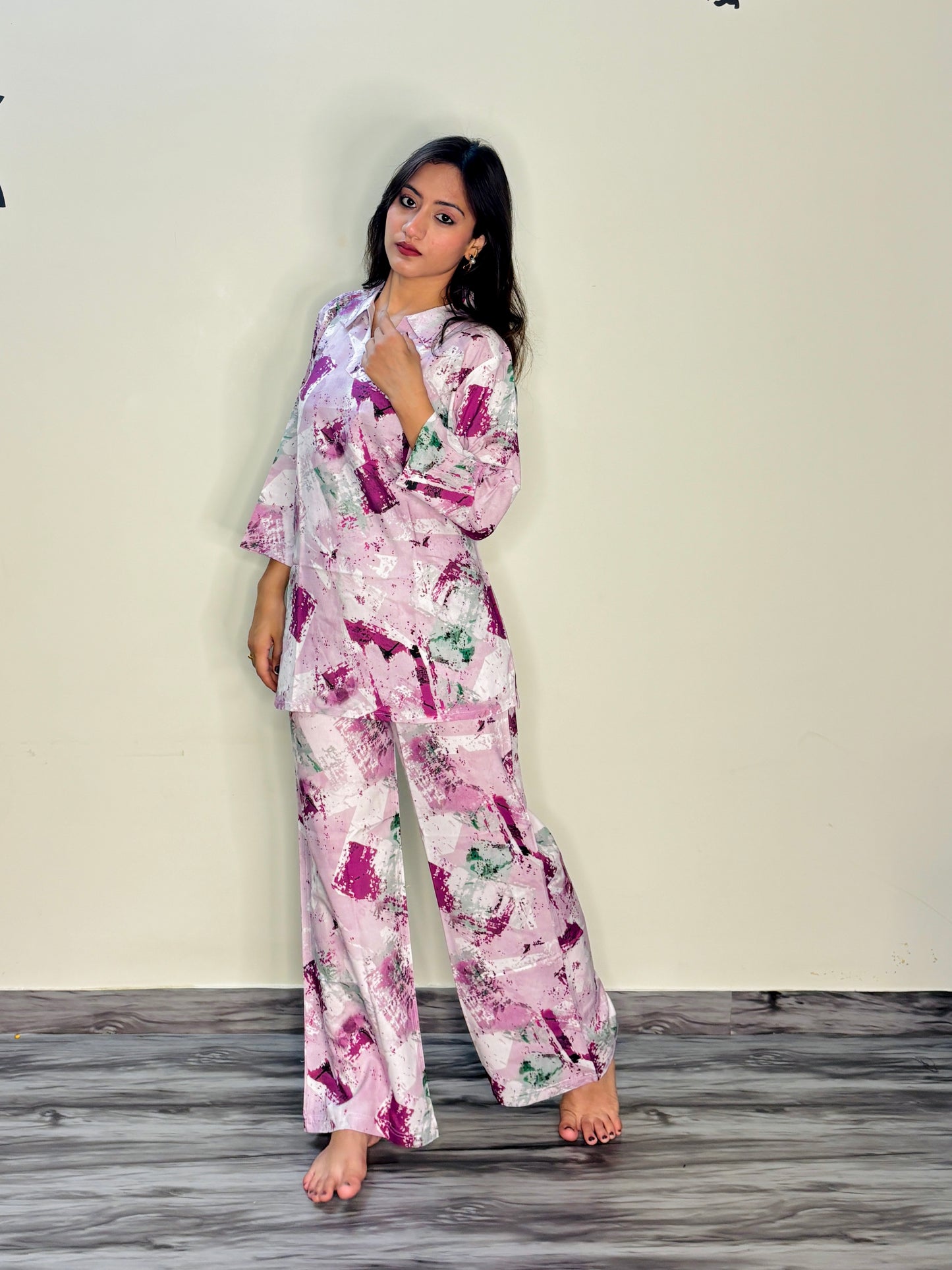 BABY PINK COLOURFUL PAINT RAYON CO-ORD SET
