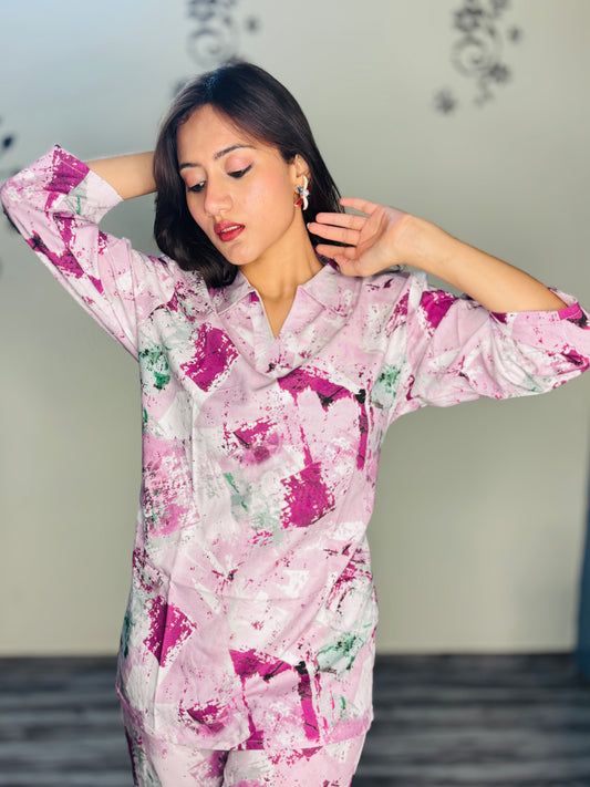 BABY PINK COLOURFUL PAINT RAYON CO-ORD SET