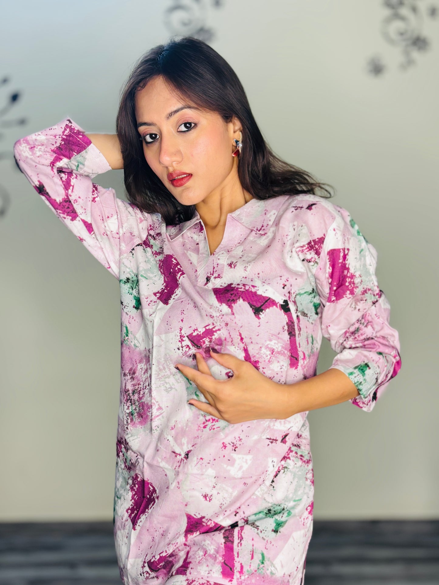 BABY PINK COLOURFUL PAINT RAYON CO-ORD SET