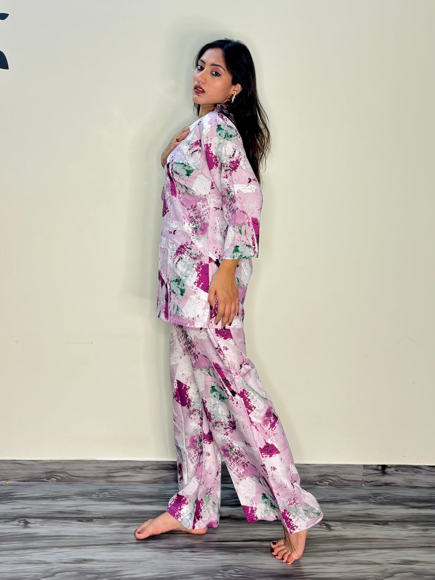 BABY PINK COLOURFUL PAINT RAYON CO-ORD SET