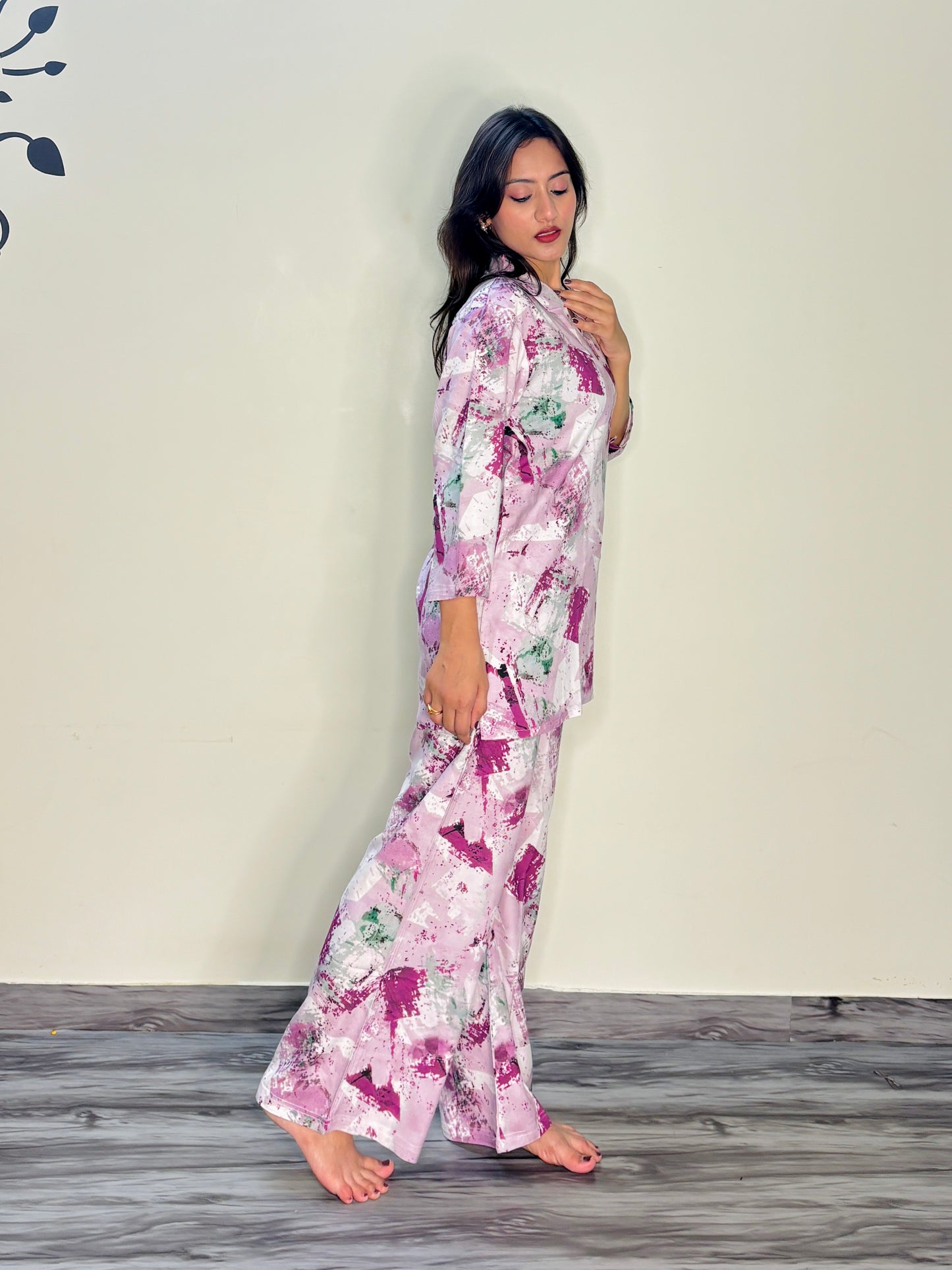 BABY PINK COLOURFUL PAINT RAYON CO-ORD SET