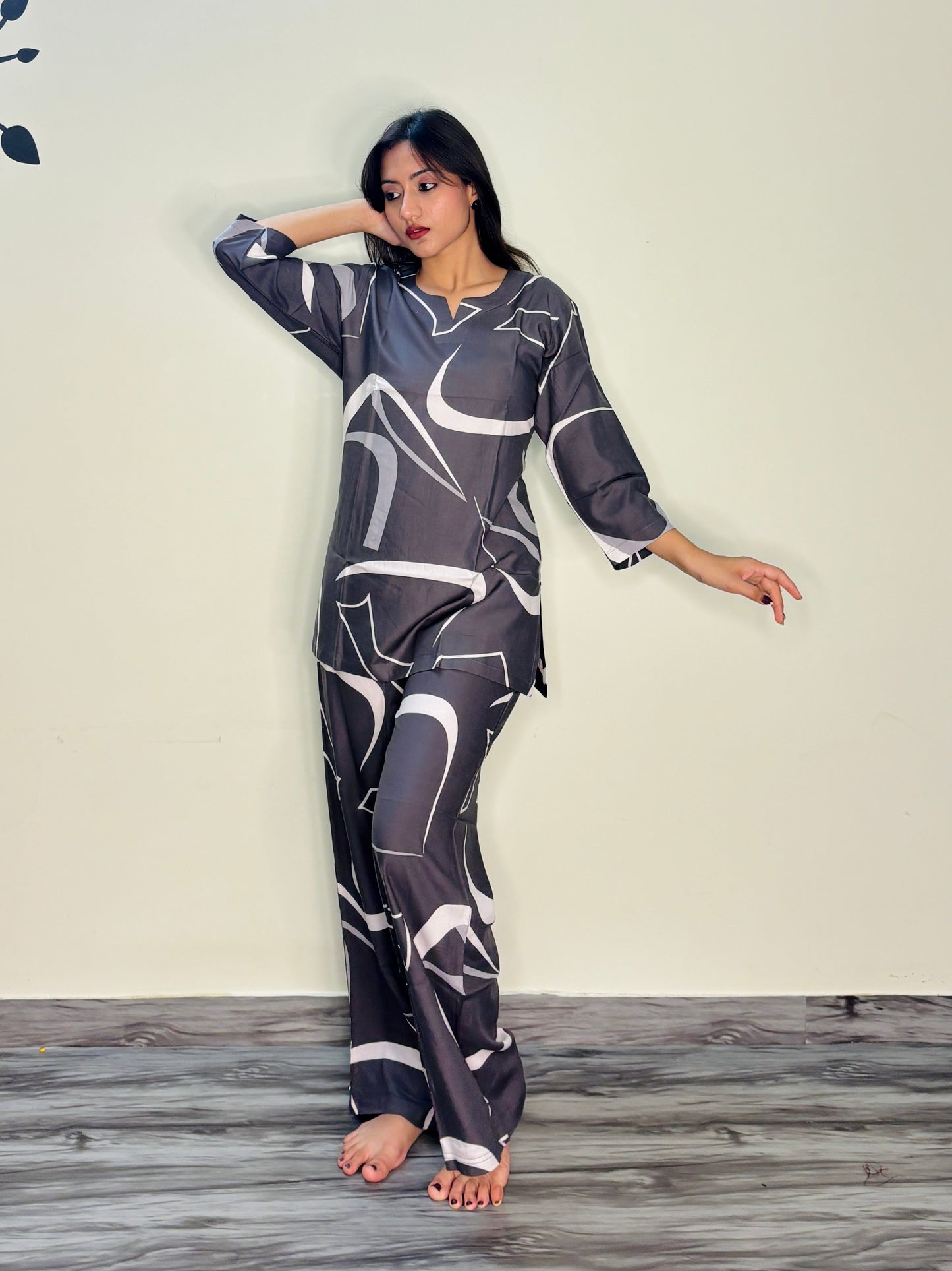 SMOKEY GREY SKETCH RAYON CO-ORD SET