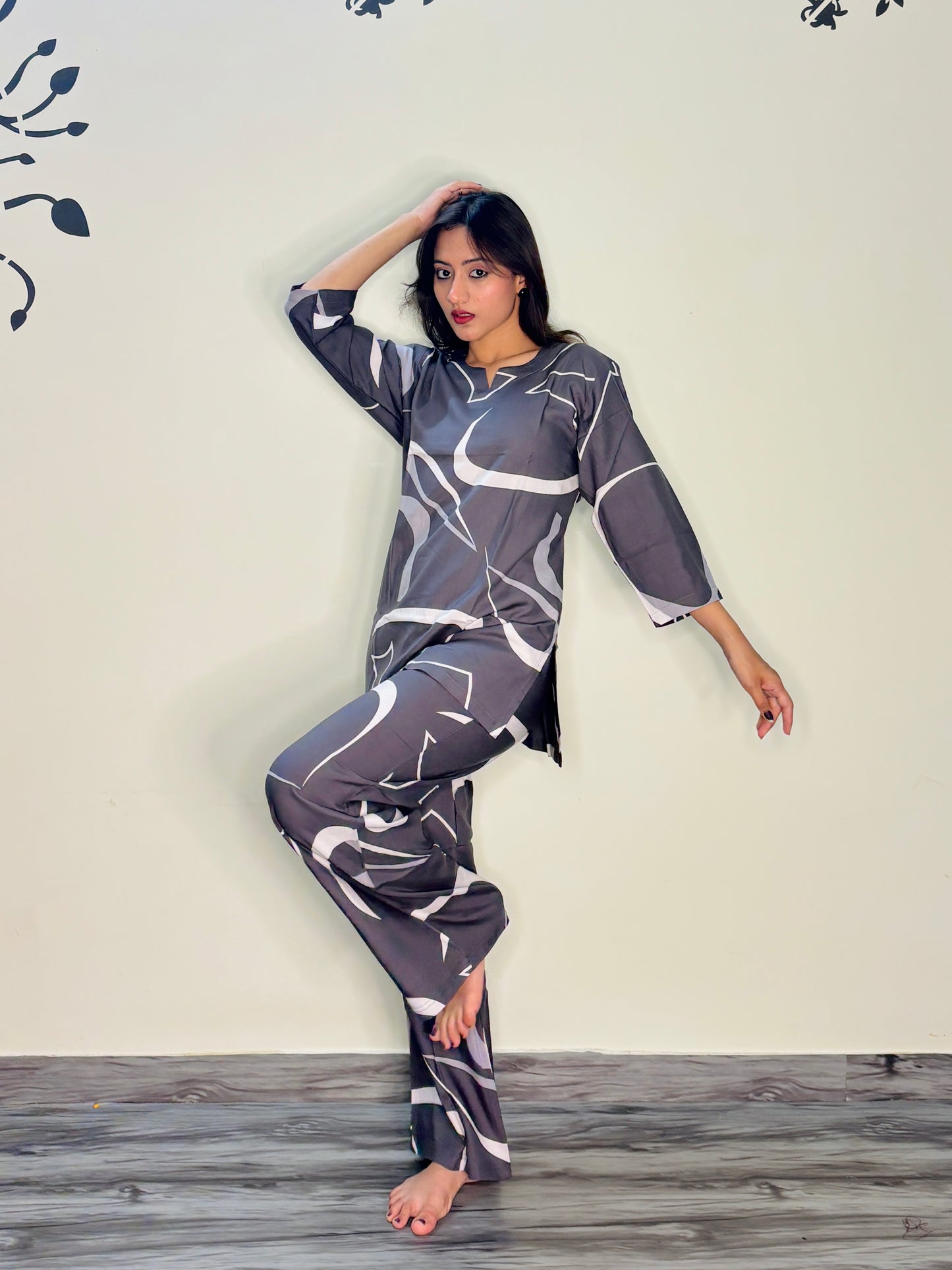 SMOKEY GREY SKETCH RAYON CO-ORD SET