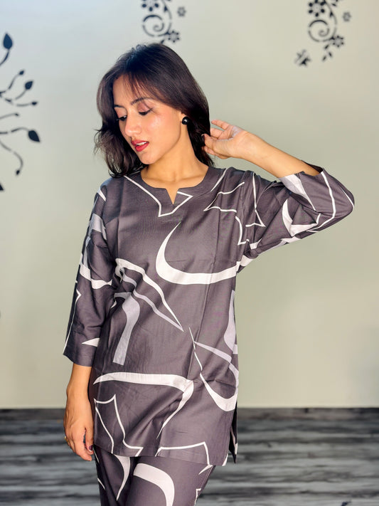 SMOKEY GREY SKETCH RAYON CO-ORD SET