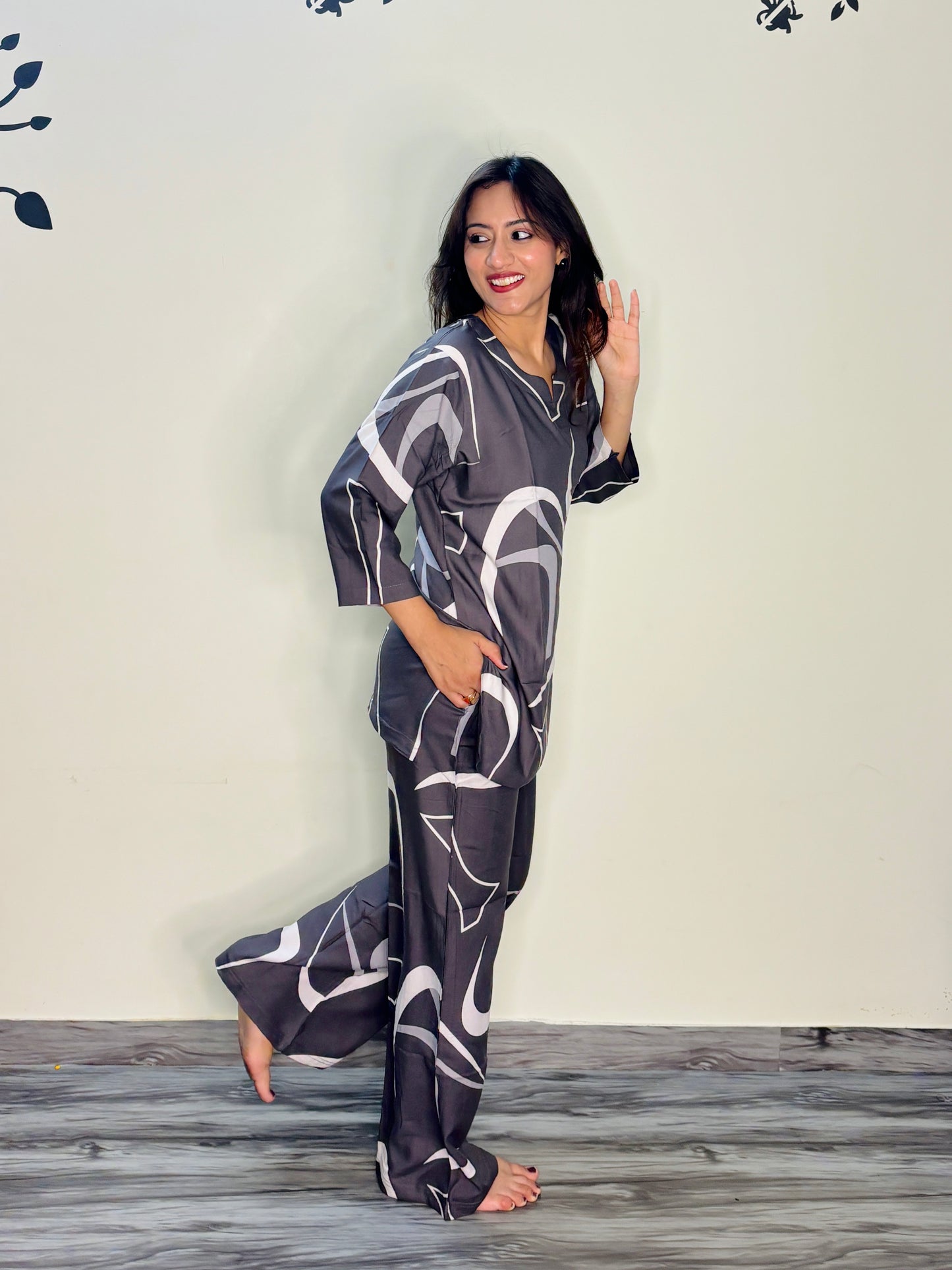 SMOKEY GREY SKETCH RAYON CO-ORD SET