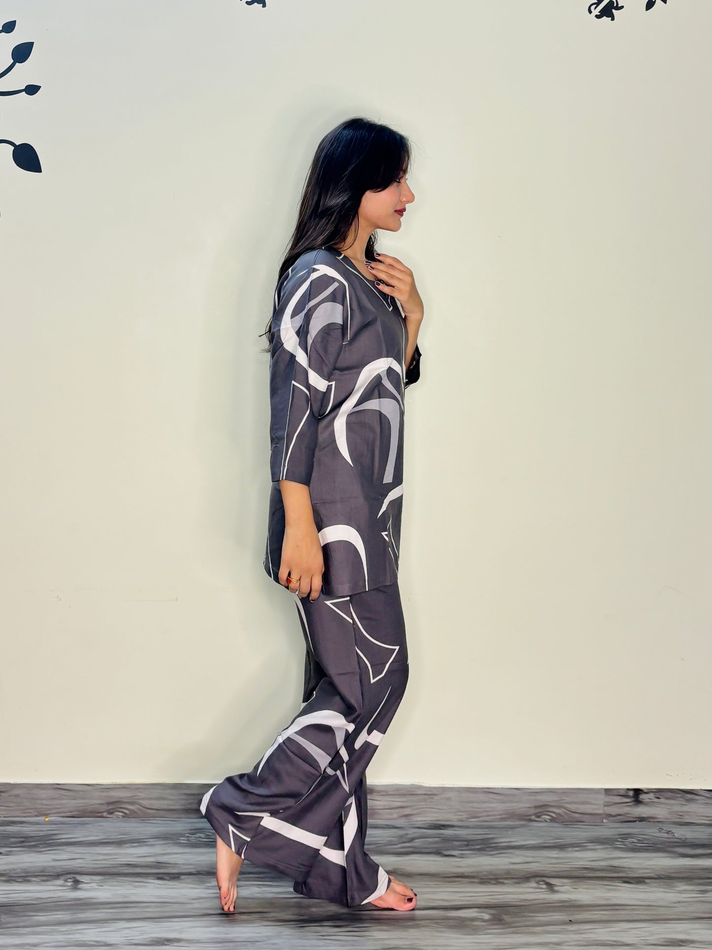 SMOKEY GREY SKETCH RAYON CO-ORD SET