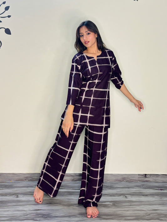 DARK PURPLE CHECKS RAYON CO-ORD SET