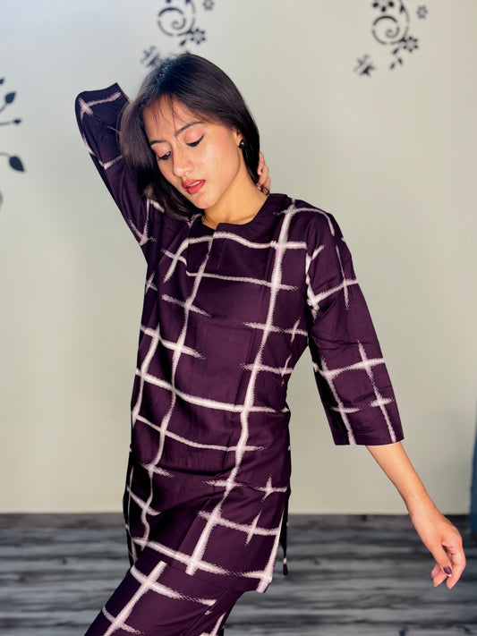 DARK PURPLE CHECKS RAYON CO-ORD SET