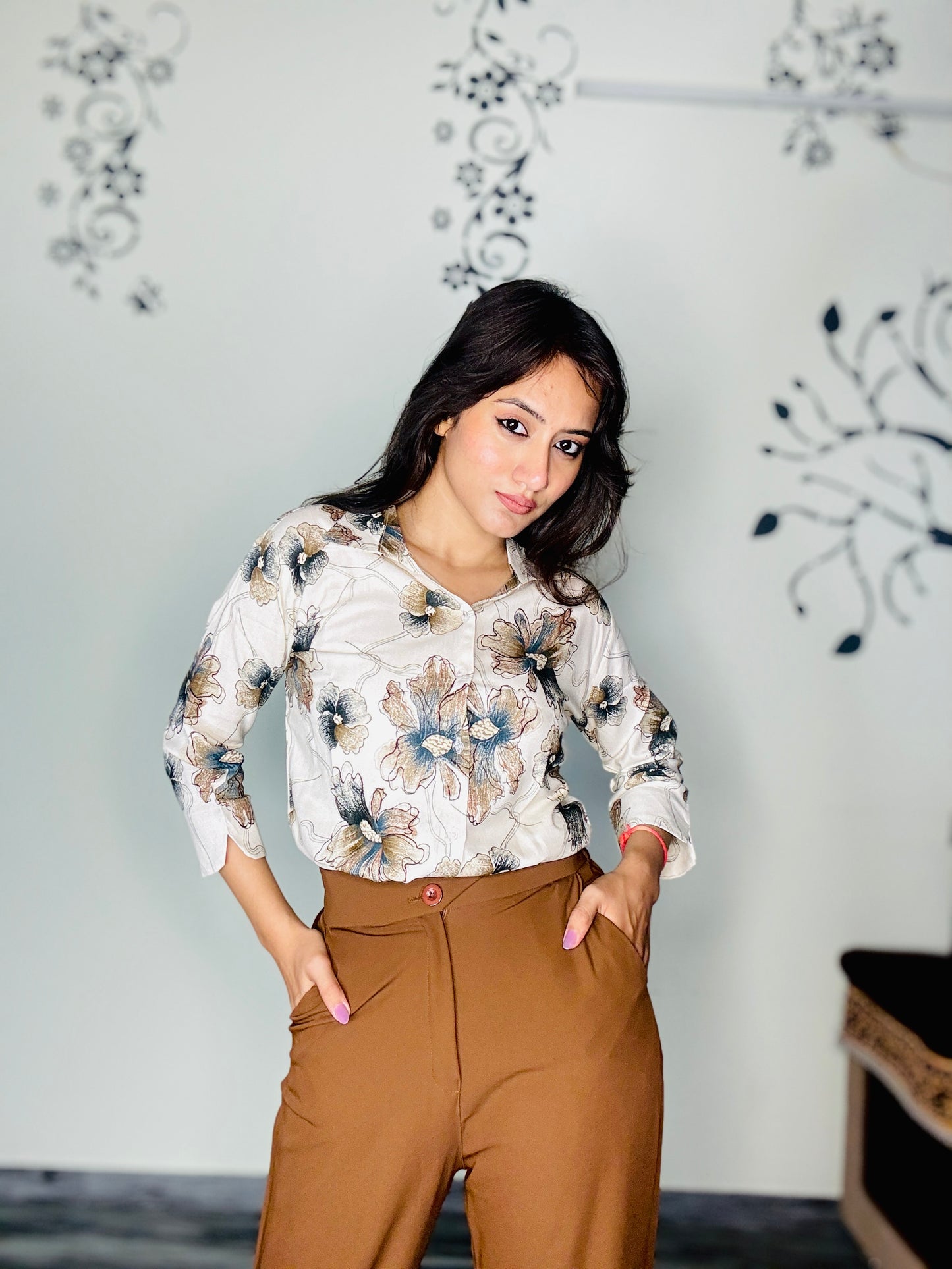 IVORY HAND DRAWN FLORAL RAYON SHIRT (Only Shirt)