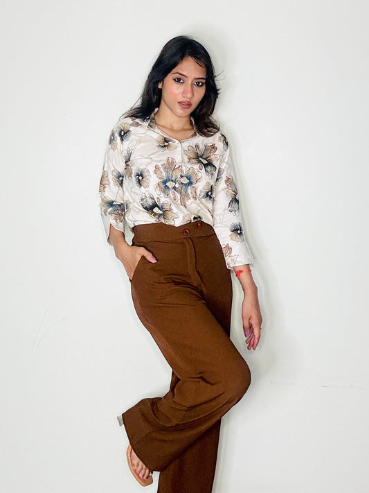 IVORY HAND DRAWN FLORAL RAYON SHIRT (Only Shirt)