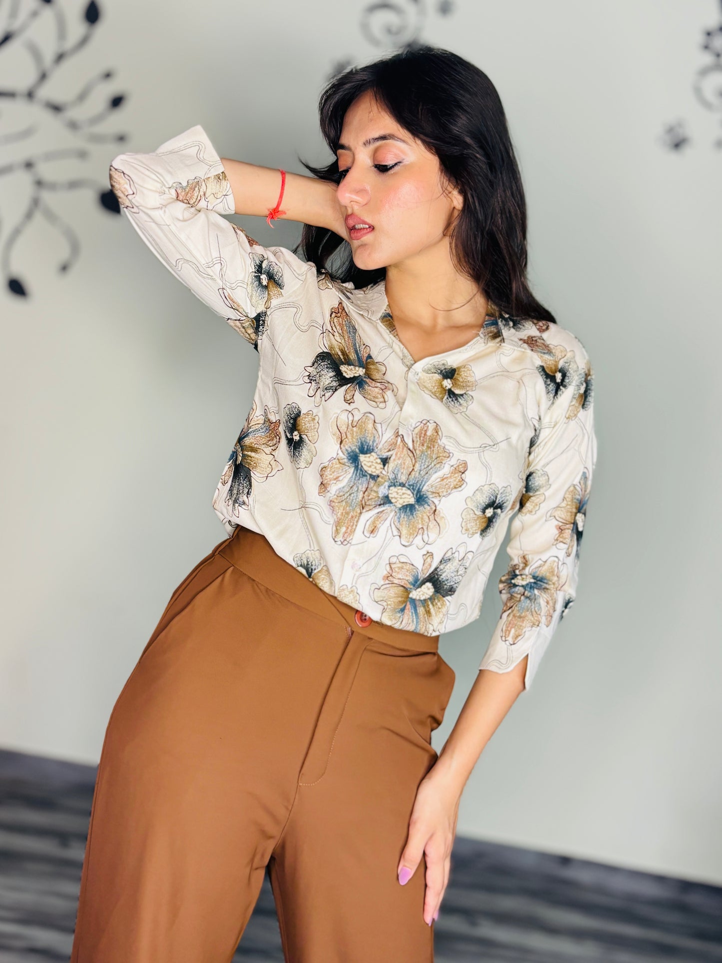 IVORY HAND DRAWN FLORAL RAYON SHIRT (Only Shirt)