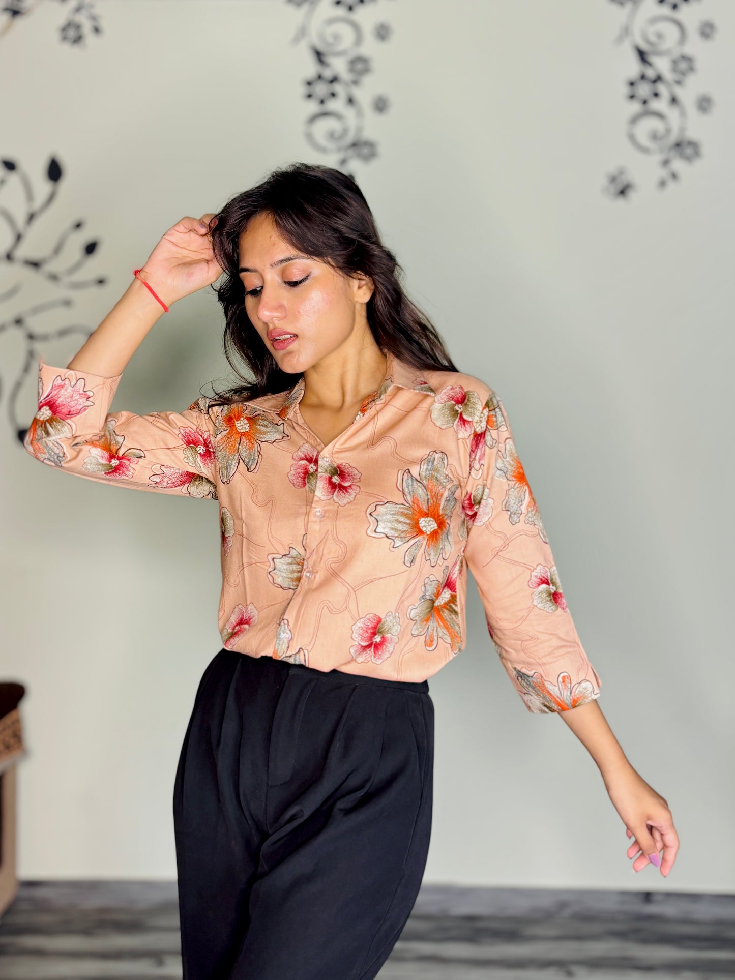 WARM PEACH PETALS RAYON SHIRT (Only Shirt)