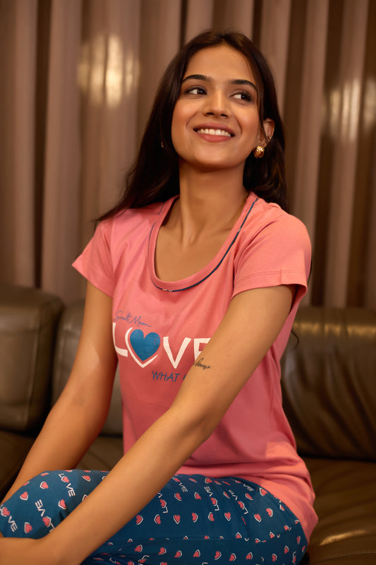 PINK LOVE HEART CAPRI SET