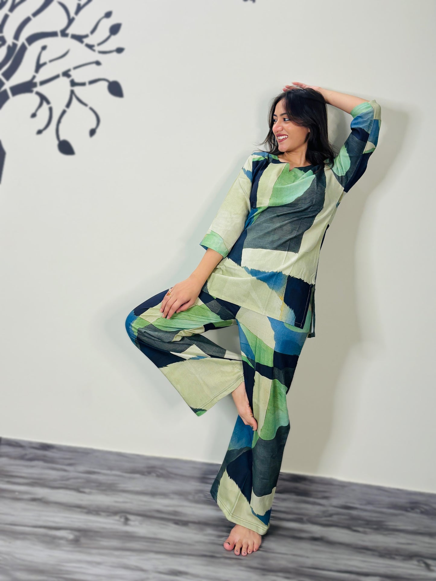 DIGITAL BOTTLE GREEN GEOMETRIC PRINT RAYON CO-ORD SET