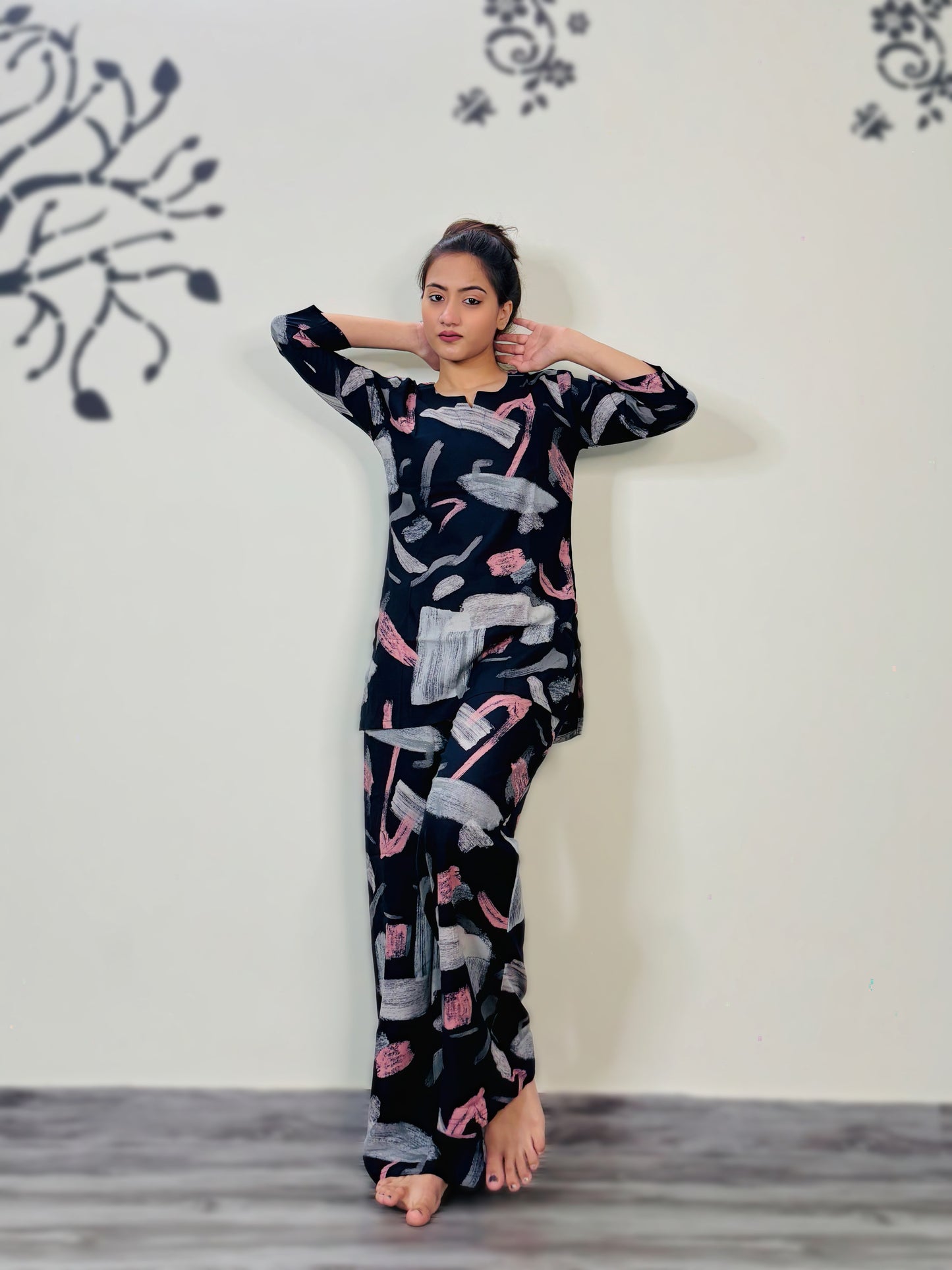 NAVY BLUE BRUSH PRINT RAYON CO-ORD SET