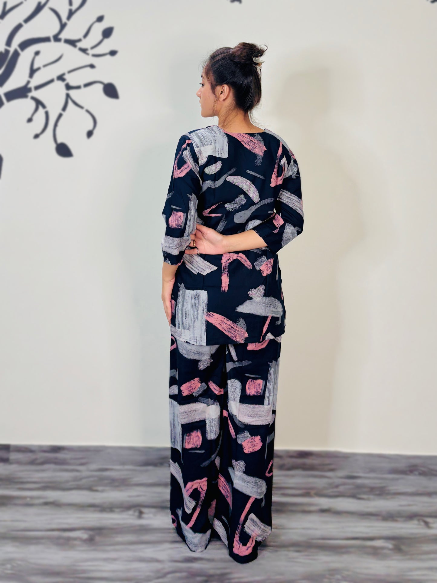 NAVY BLUE BRUSH PRINT RAYON CO-ORD SET