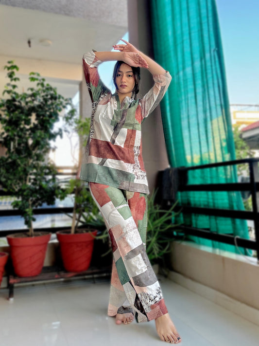 DIGITAL GREEN GEOMETRIC PRINT RAYON CO-ORD SET