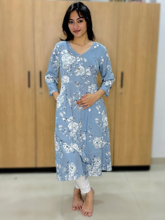 SKY BLUE WHITE FLOWERS KURTI (Only Kurti)