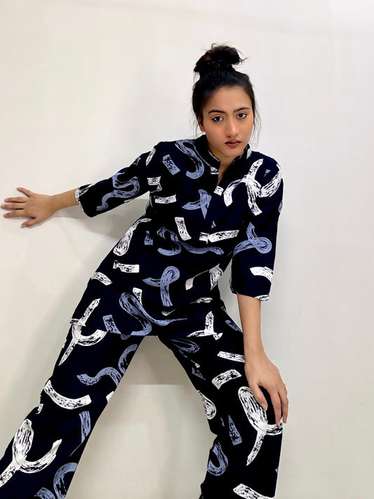 DARK NAVY GEOMETRIC PRINT RAYON CO-ORD SET