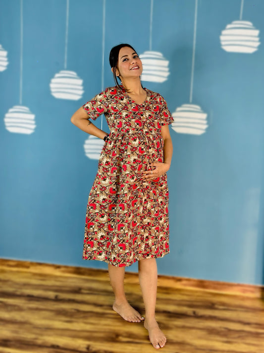 BROWN RED FLOWERS (BUTTON OPEN) MATERNITY DRESS