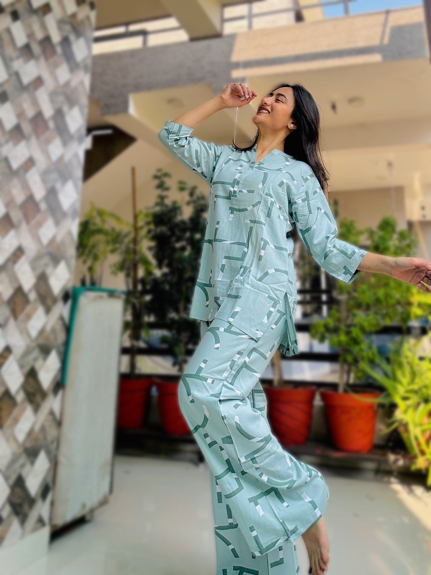 PASTEL GREEN GEOMETRIC PRINT RAYON CO-ORD SET