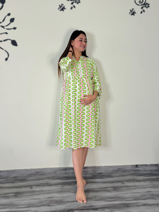 PINK GREEN ZICK-ZACK MATERNITY DRESS (TWO ZIP)