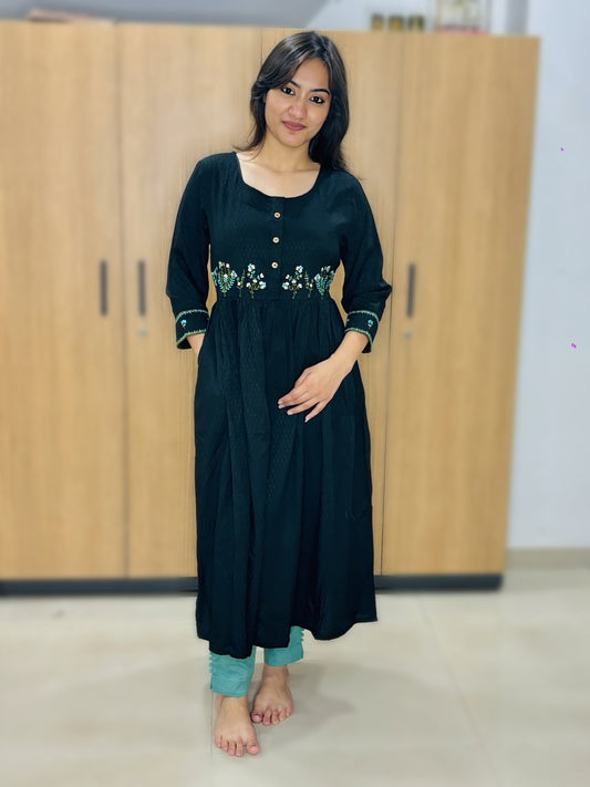BLACK RAMA FLOWER EMBROIDERY KURTI (Only Kurti)