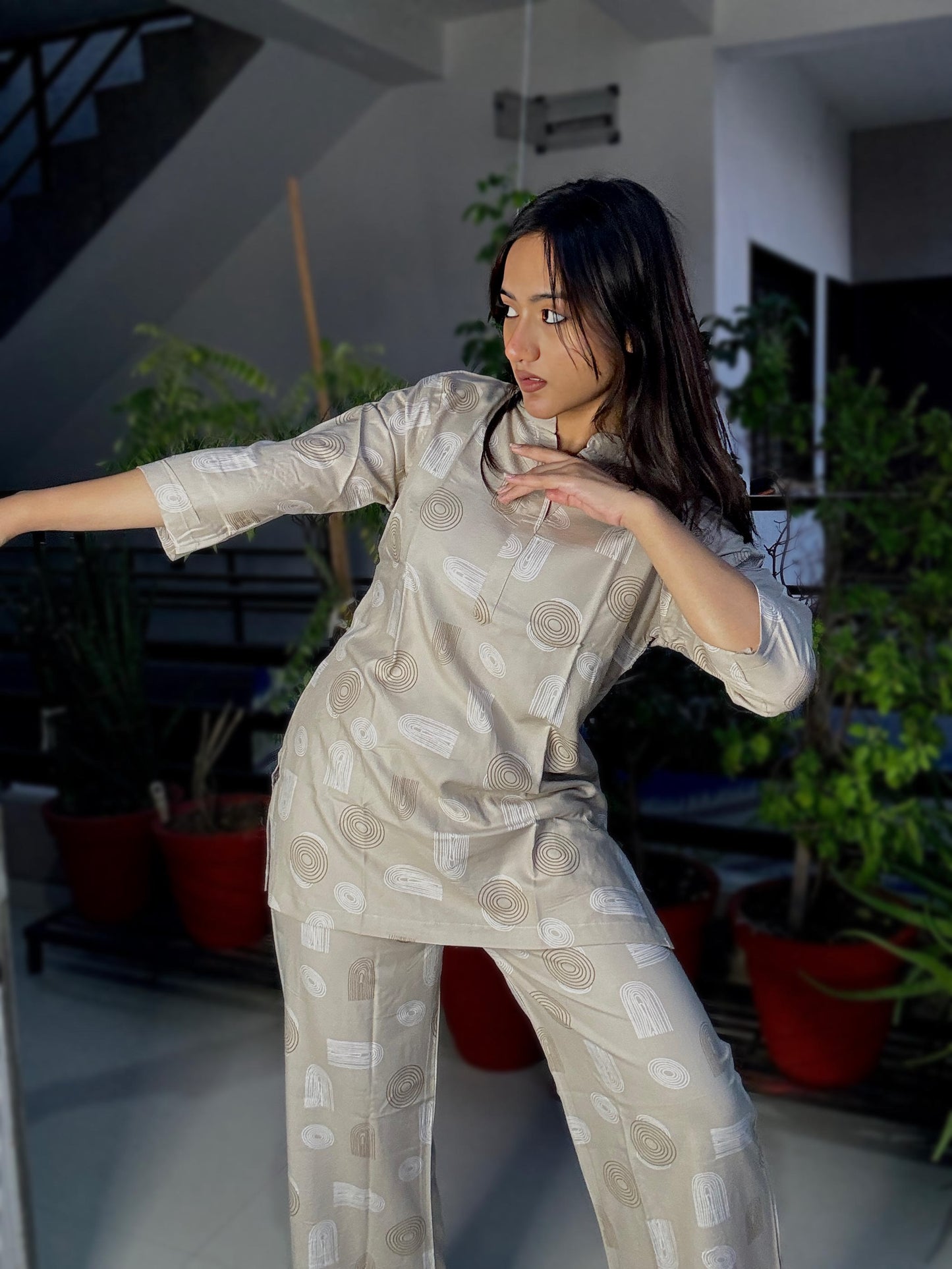 PASTEL CHICKOO GEOMETRIC PRINT RAYON CO-ORD SET
