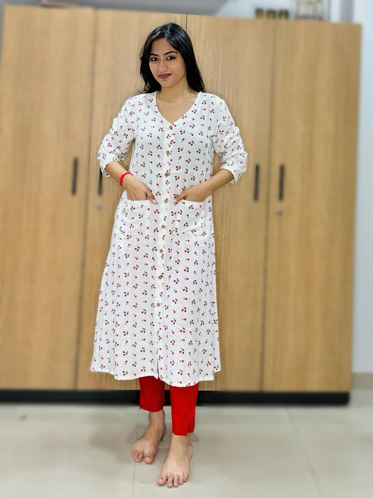 WHITE RED CHERRY COTTON KURTI (Only Kurti)