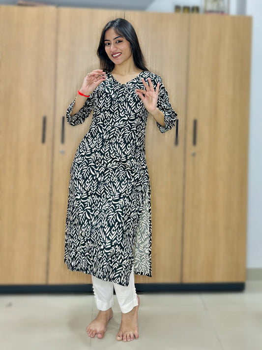 BLACK AND WHITE LEAVES PRINT KURTI (Only Kurti)