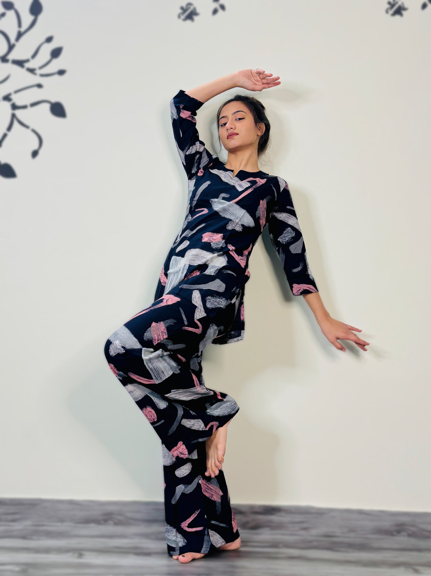 NAVY BLUE BRUSH PRINT RAYON CO-ORD SET