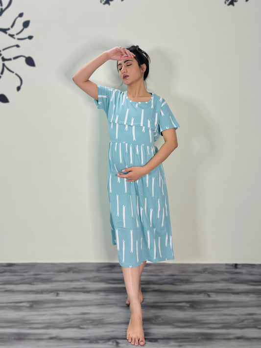 SKY BLUE STRIPES MATERNITY GOWN