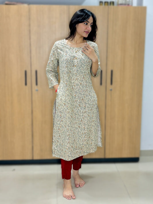 GREENISH WHITE CALICO KURTI (Only Kurti)