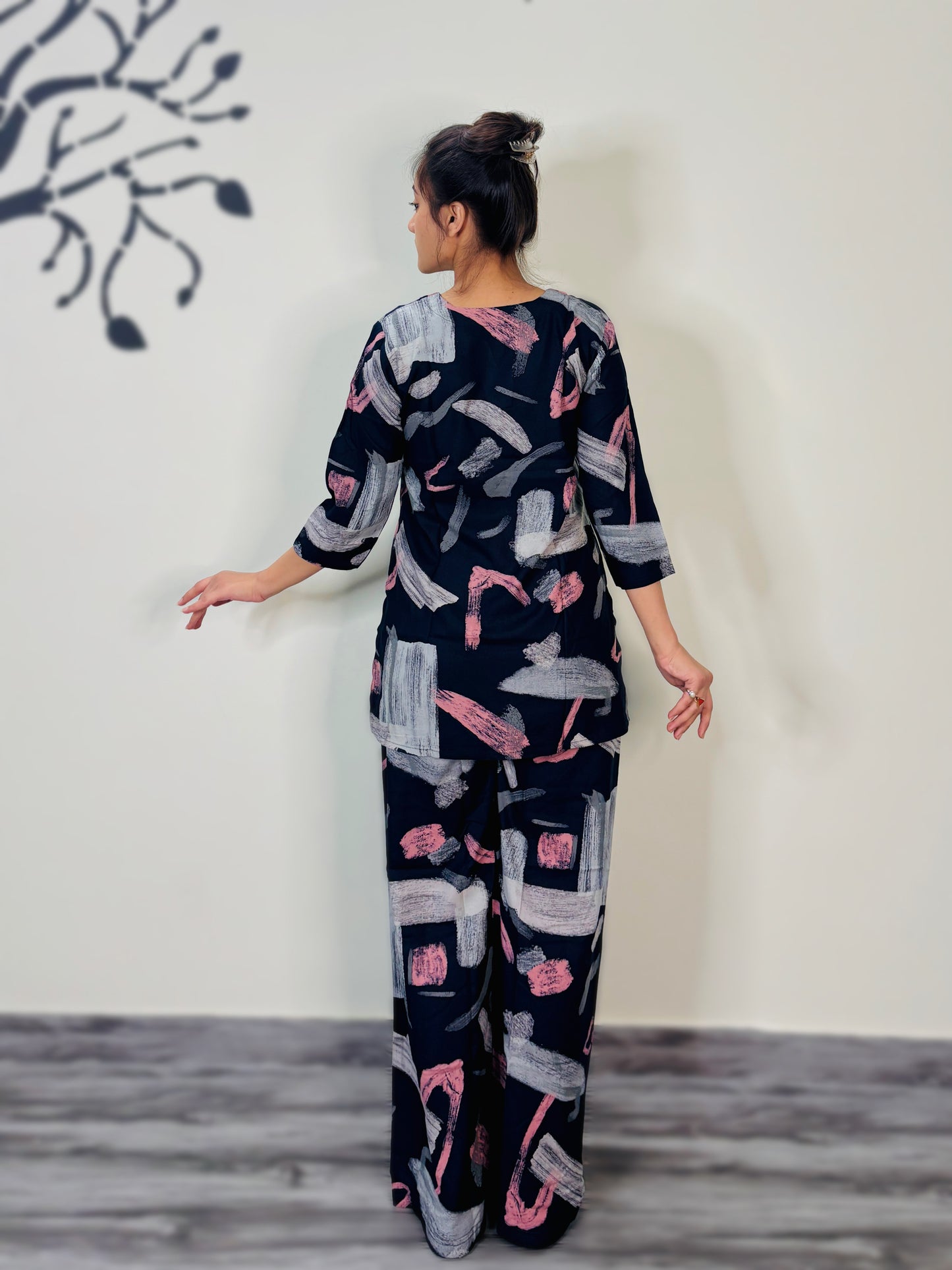 NAVY BLUE BRUSH PRINT RAYON CO-ORD SET